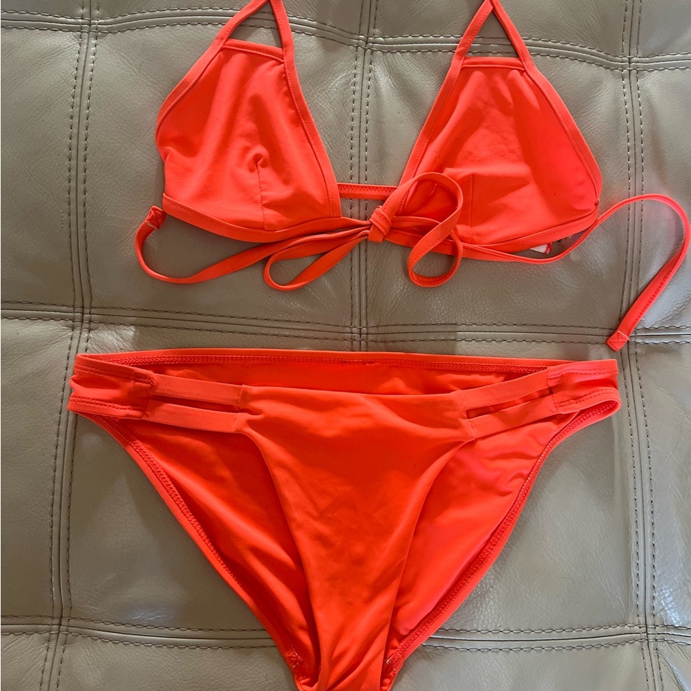 Vitamin A Neon Coral Triangle Bikini with Hip Cutout Straps